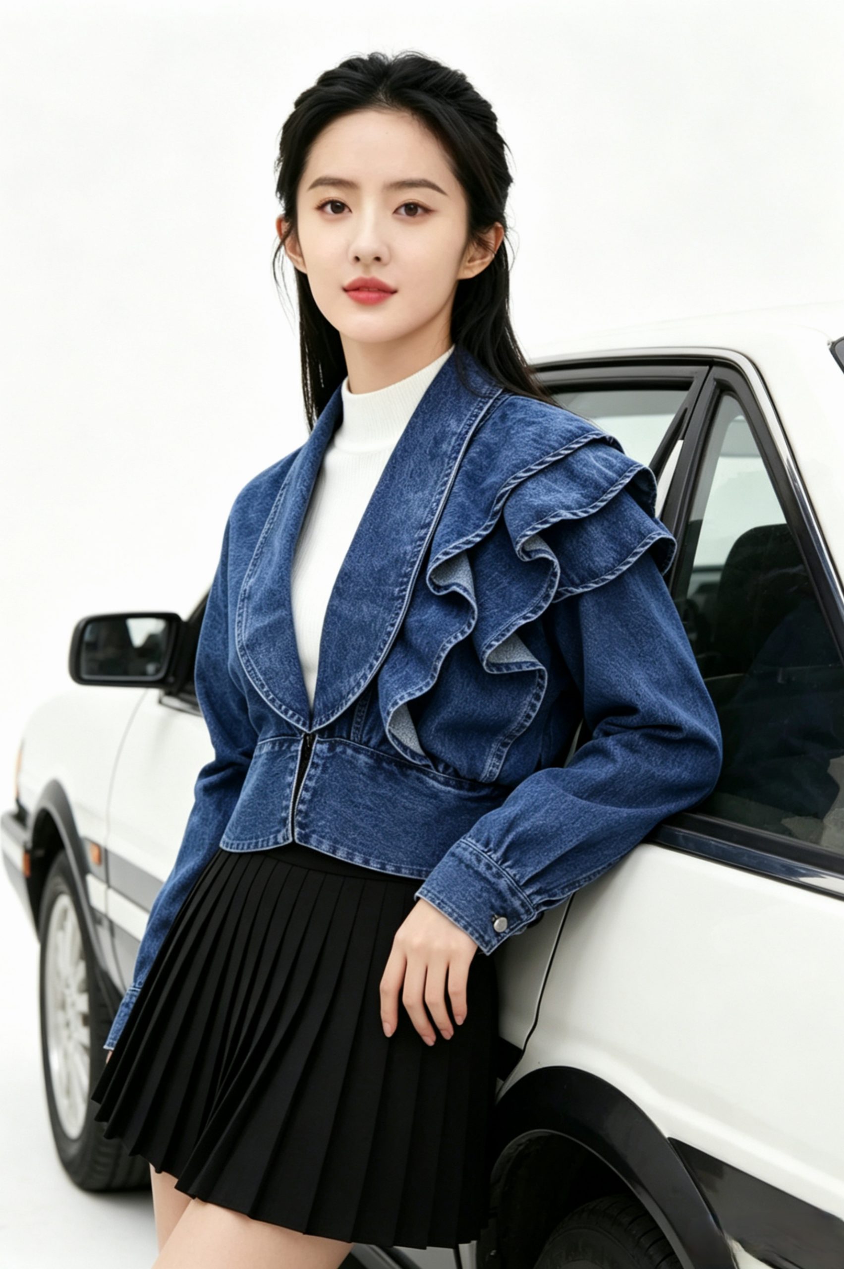 Korean Style Ruffled V-Neck Cropped Denim Jacket - Image 3
