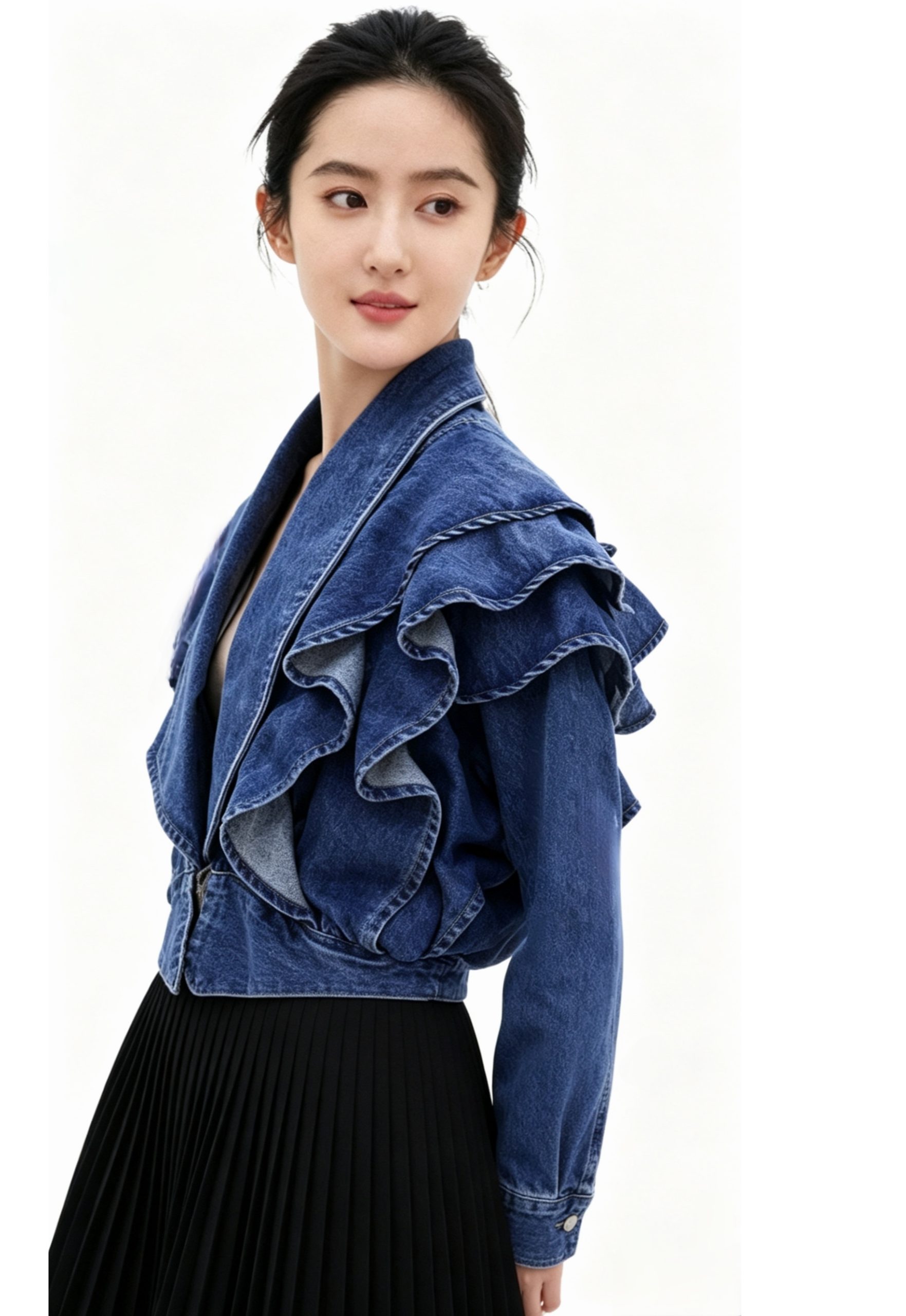 Korean Style Ruffled V-Neck Cropped Denim Jacket - Image 4