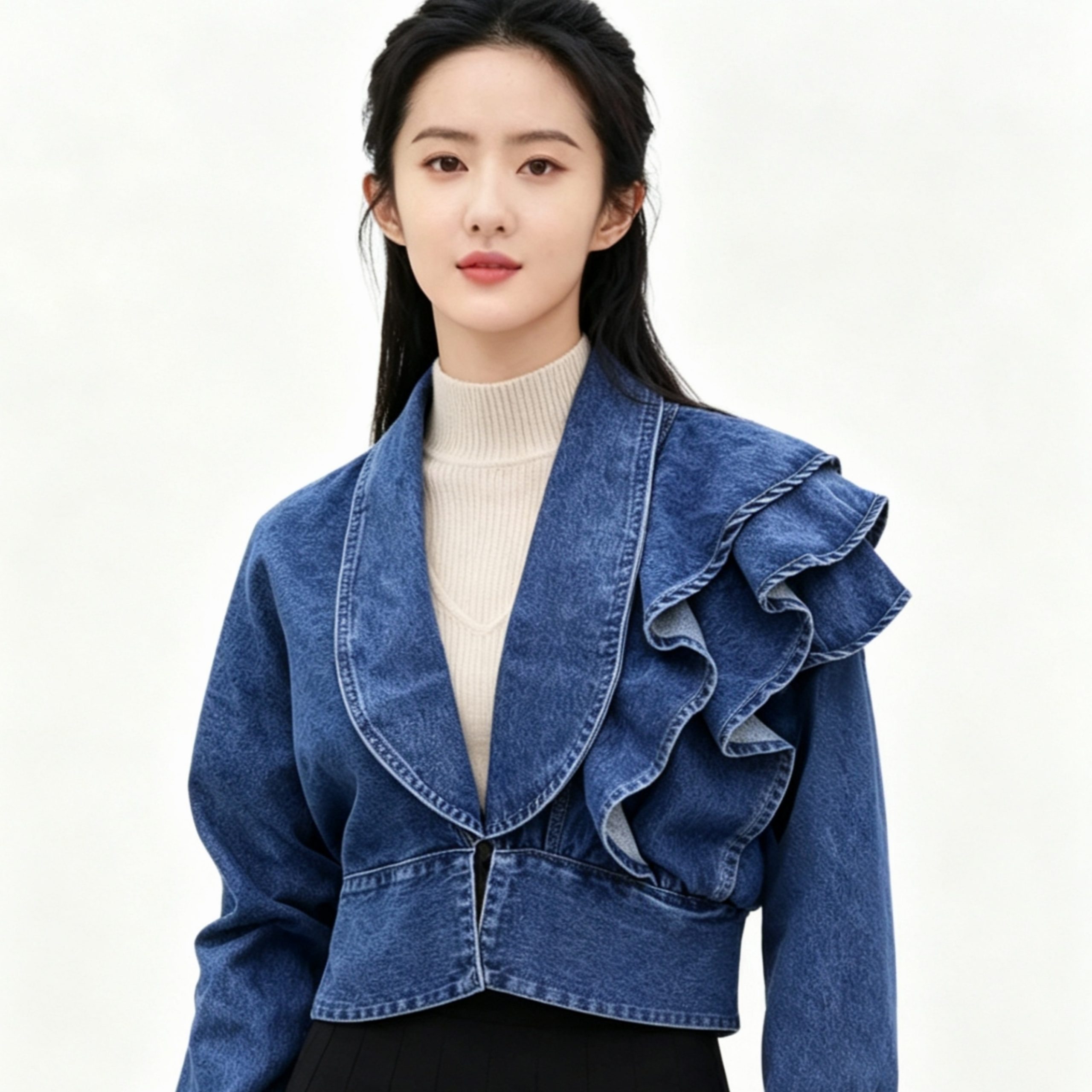 Korean Style Ruffled V-Neck Cropped Denim Jacket - Image 5