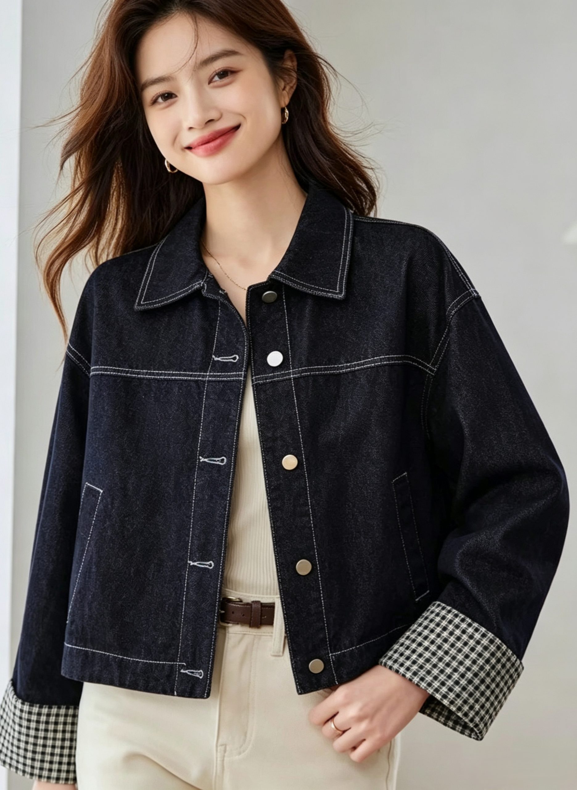 Korean Trend New Patchwork Cuff Fashion Loose Elegant Denim Top Jacket