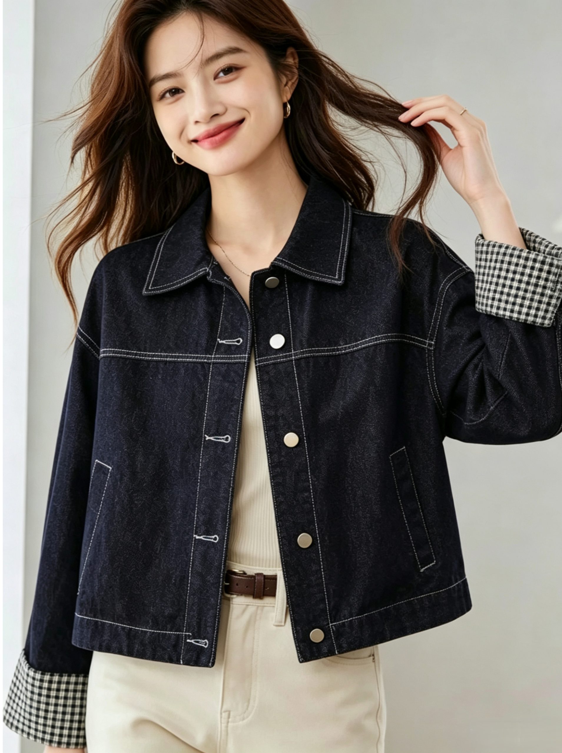 Korean Trend New Patchwork Cuff Fashion Loose Elegant Denim Top Jacket - Image 3