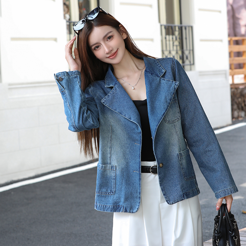 Women's Retro Korean Style Loose Slimming Denim Blazer Jacket - Image 2